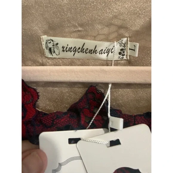 Xingchenkaiyi Red Navy Floral Lace A Line Midi Dress Long Sleeve US 6 L - Picture 4 of 7